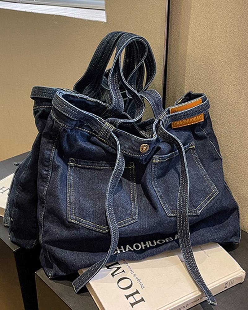 

Pocket Design Large Capacity Denim Tote Bag, Blue
