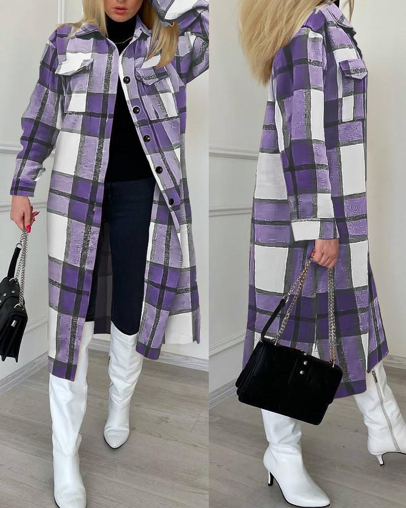 

Plaid Print Buttoned Longline Shacket, Purple