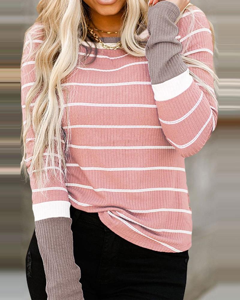 

Striped Long Sleeve Ribbed Top, Pink