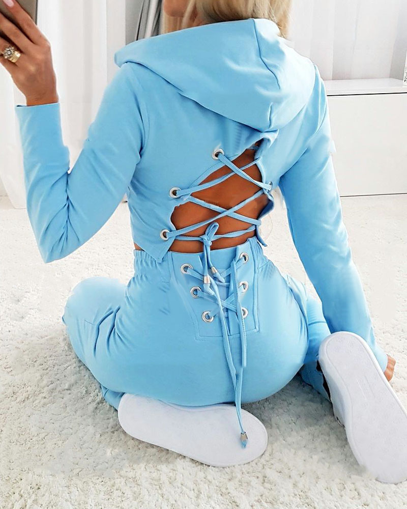 

Eyelet Lace-Up Open Back Hooded Top & Pants Set, Blue