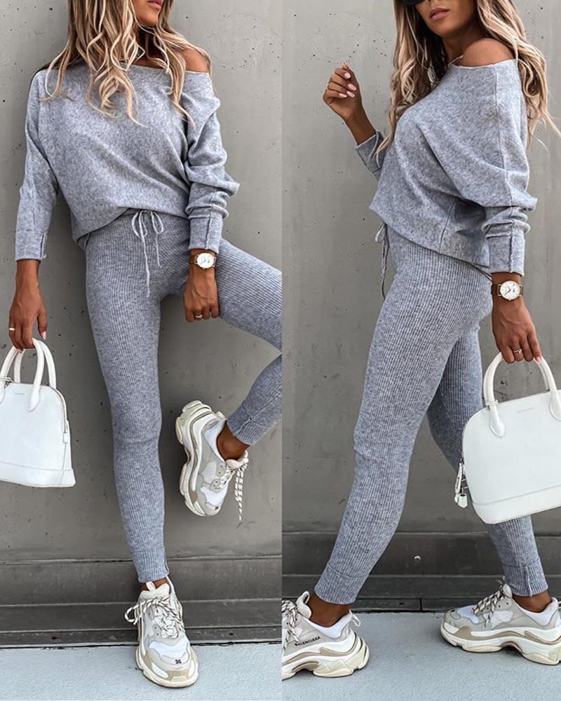 

Long Sleeve Women Top & High Waist Drawstring Pants Set, Gray