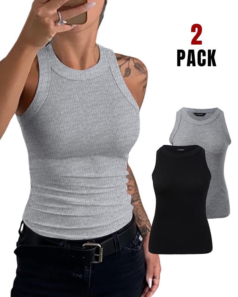 

2-Pack Round Neck Thick Strap Racerback Ribbed Tank Slim Fit Tops without Bra Pads, Style9