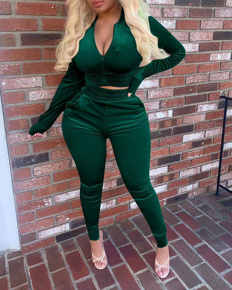 

Zipper Design Long Sleeve Crop Top & Skinny Pants Set, Green