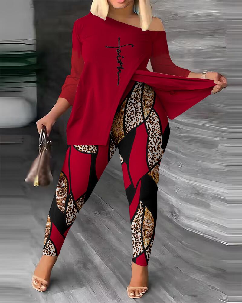 

Plus Size Faith Baroque Leopard Print Skew Neck Top & Pants Set, Red