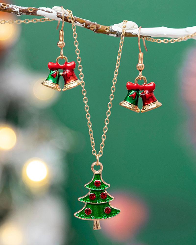 

Juego de 2 pares de pendientes de campana roja y verde navideña y collar con árbol de Navidad, Red