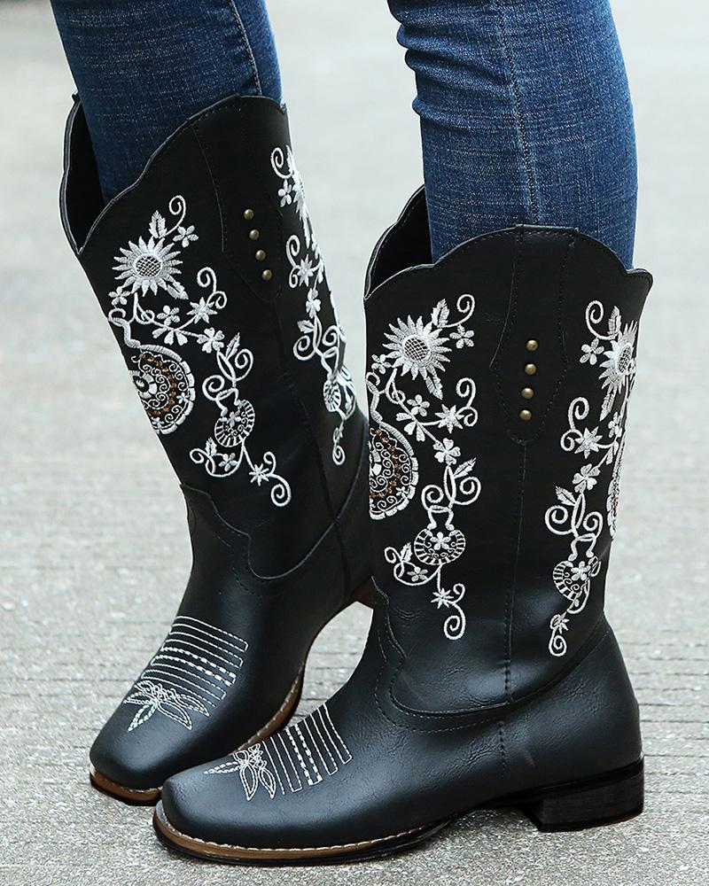 

Sunflower Embroidery Square Toe Chunky Cowboy Boots, Black