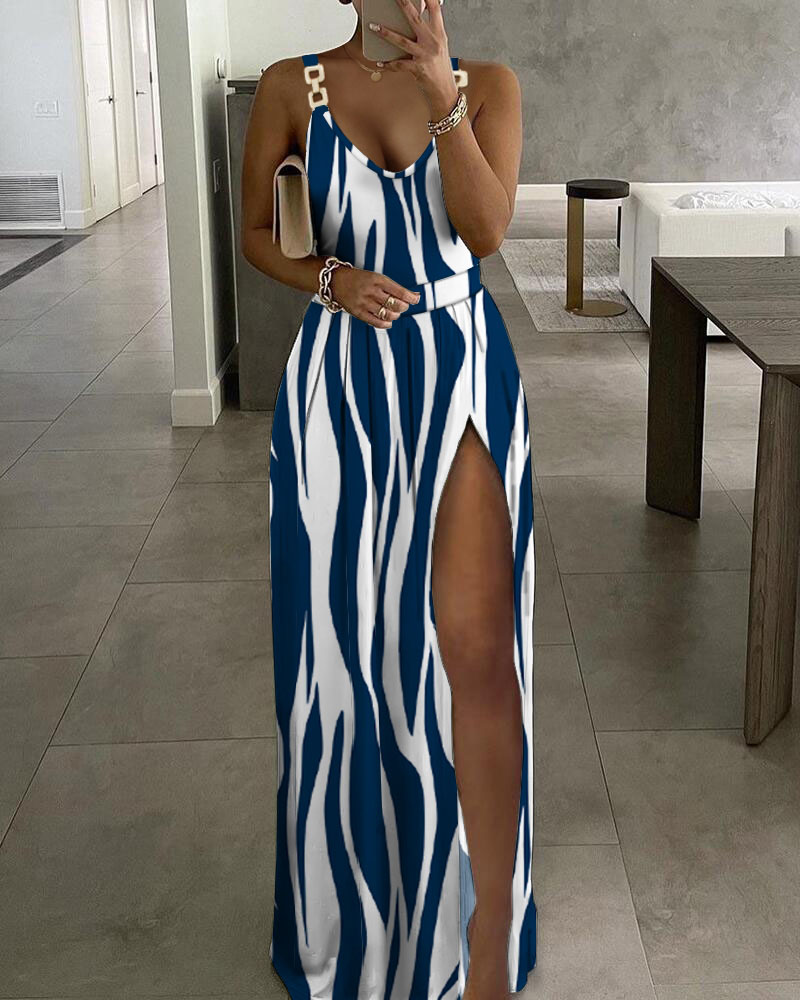 Zebra Stripe Print Chain Strap High Slit Maxi Dress