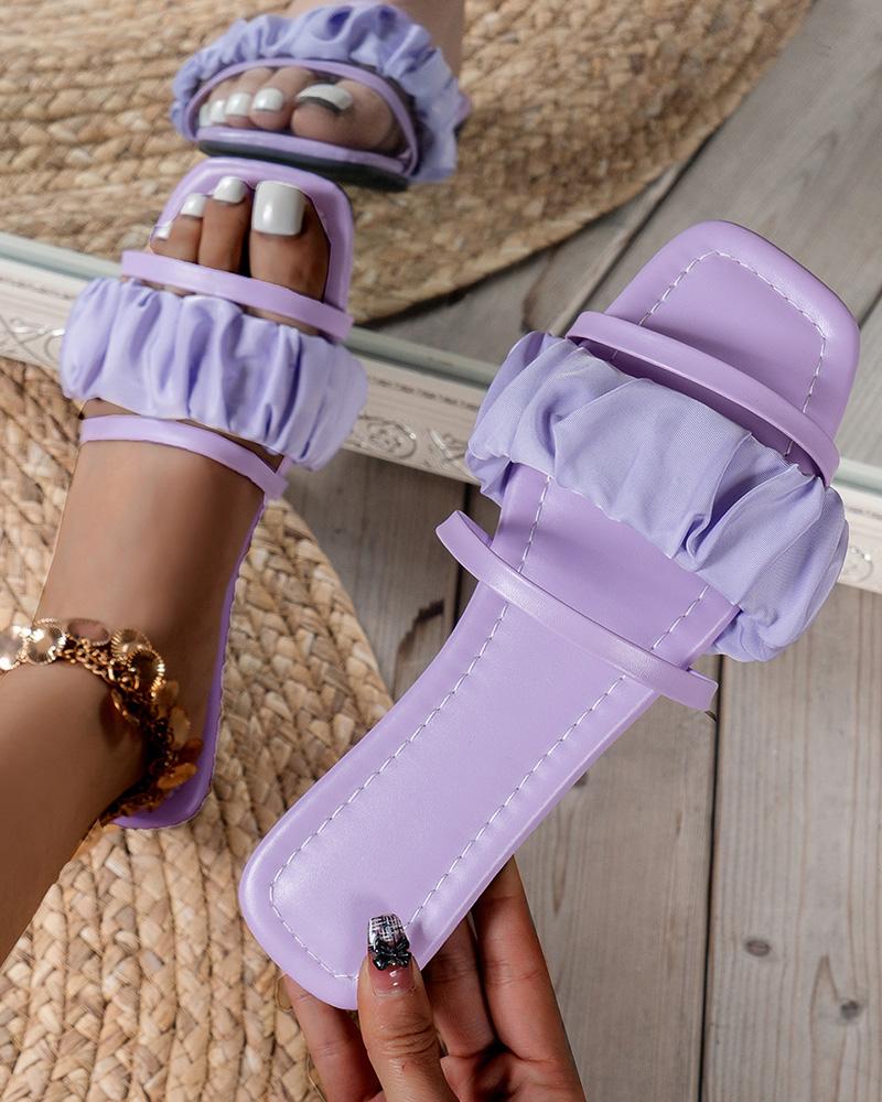 

Ruched Double Strap Square Toe Slippers, Purple