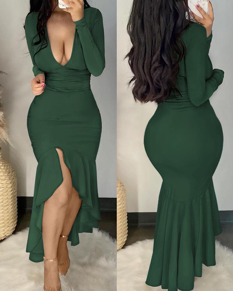 

Long Sleeve Deep V-Neck Mermaid Dress, Green
