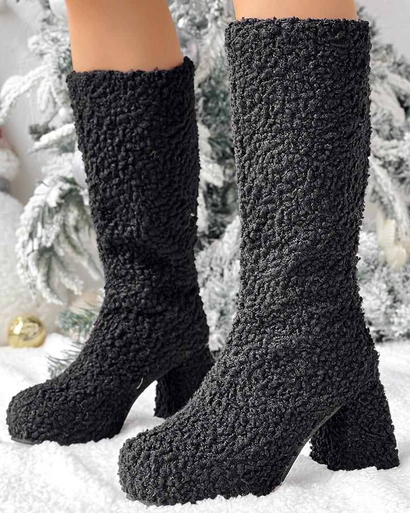 

Chunky Heel Calf Teddy Boots, Black