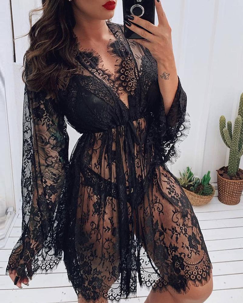 

Lace Patch Lingerie Set With Eyelash Crochet Lace Robe, Black