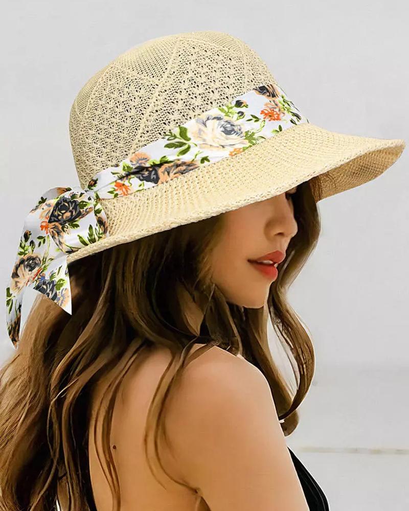 

Floral Band Wide Brim Straw Sun Hat, Beige