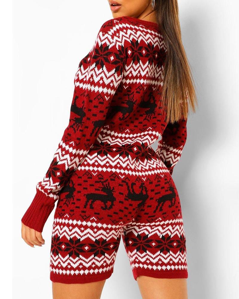 

Christmas Long Sleeve Snowflake Deer Print Knit Romper, Dark red