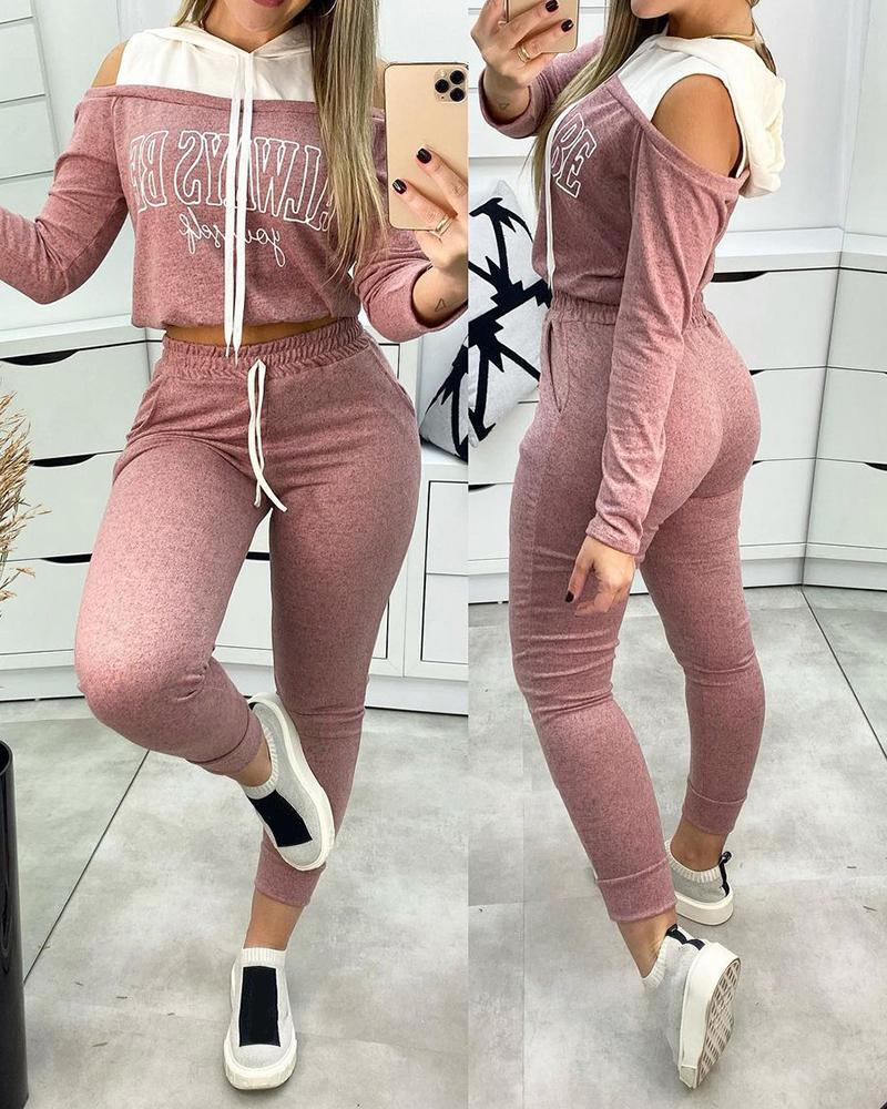 

Letter Print Colorblock Top & Drawstring Pants Set, Pink