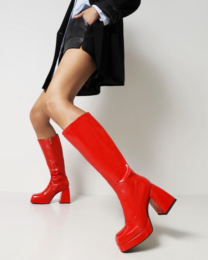 

Womens Square Toe Shiny Finish High Chunky Heel Long Boots, Red