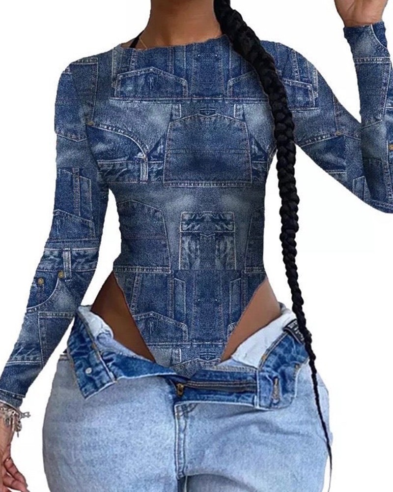 Denim Pattern Print Long Sleeve Bodysuit