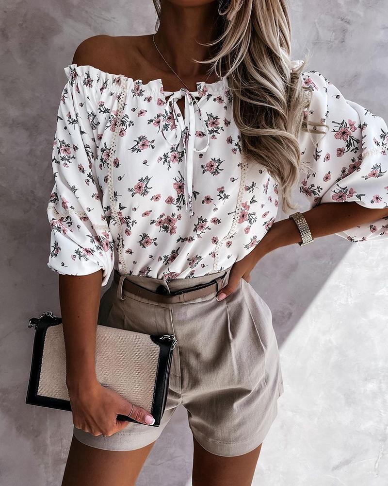 

Floral Print Long Sleeve Off Shoulder Blouse, White