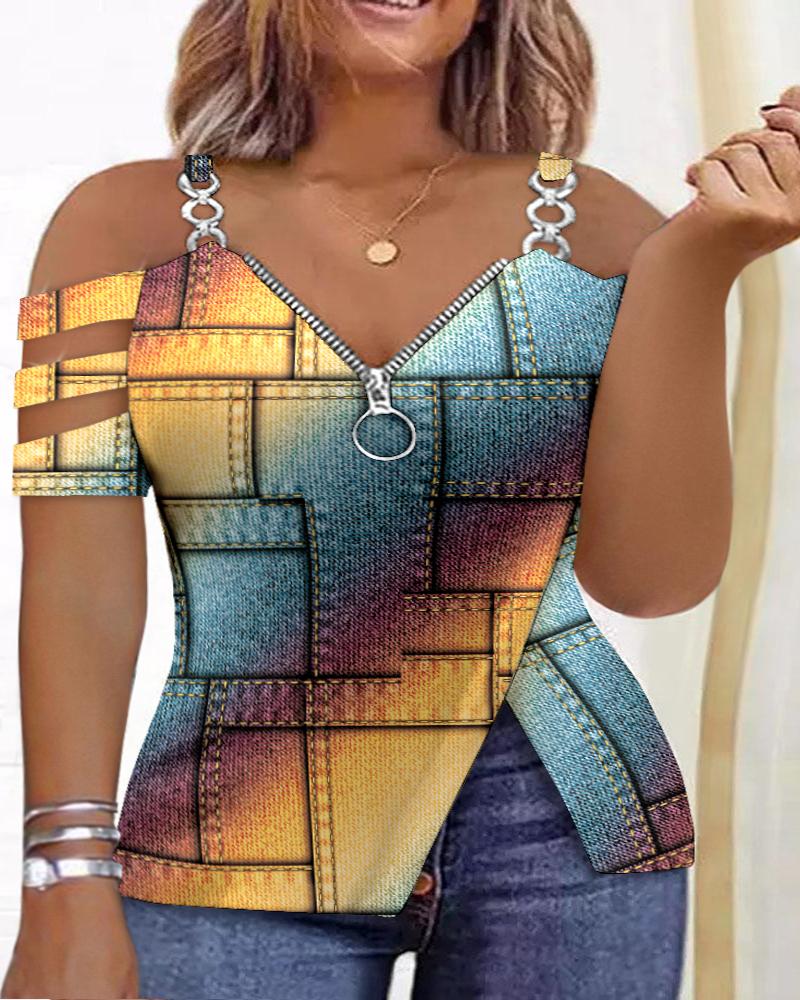 

Plus Size Denim Look Print Rainbow Ombre Cold Shoulder Top, Multicolor