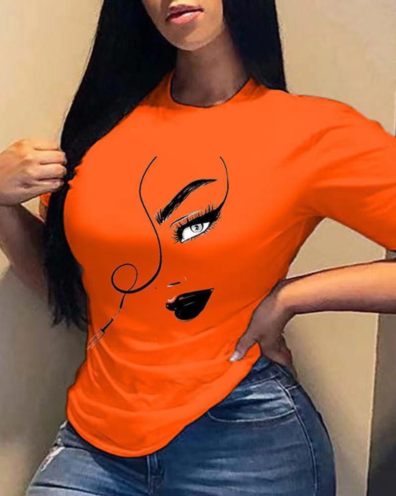 

Abstract Figure Print Short Sleeve Casual T-shirt, Orange