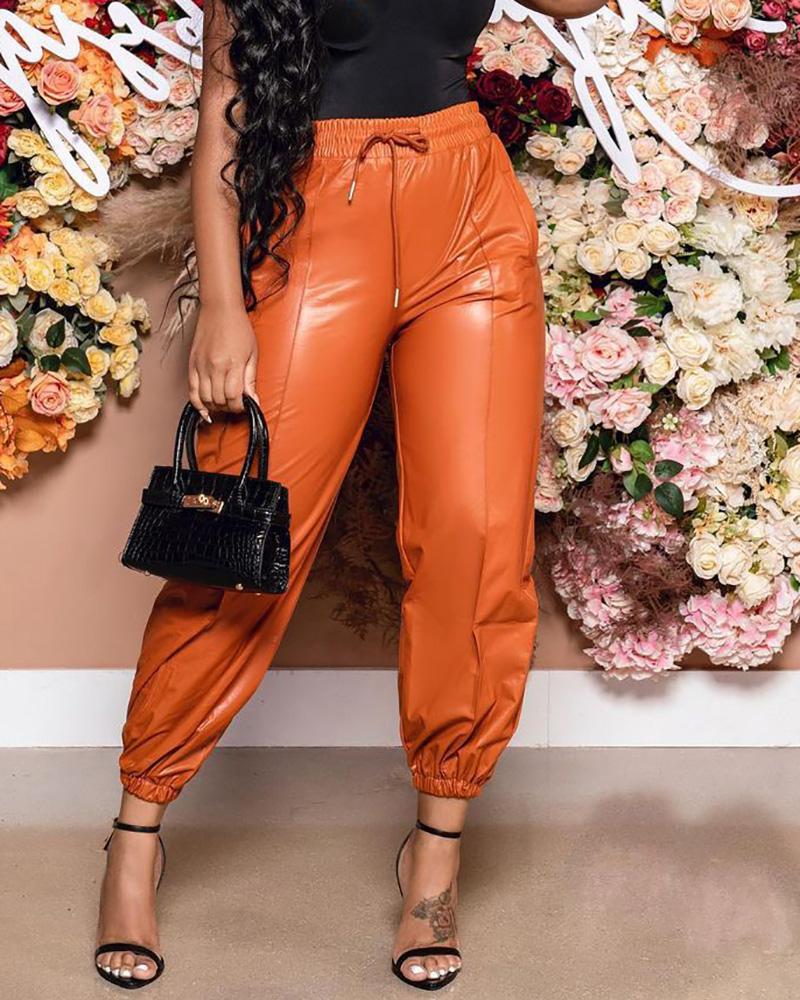

PU Leather Drawstring Cuffed Pants, Brown