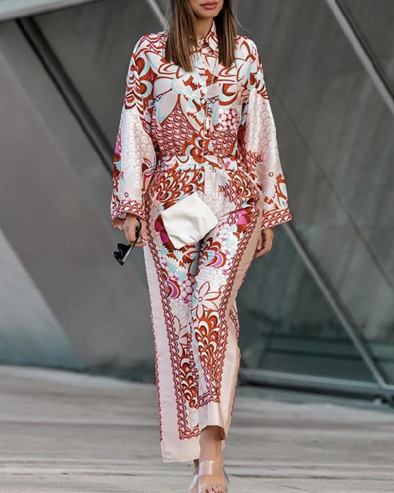 

Floral Graphic Print Buttoned Top & Pants Set, Red