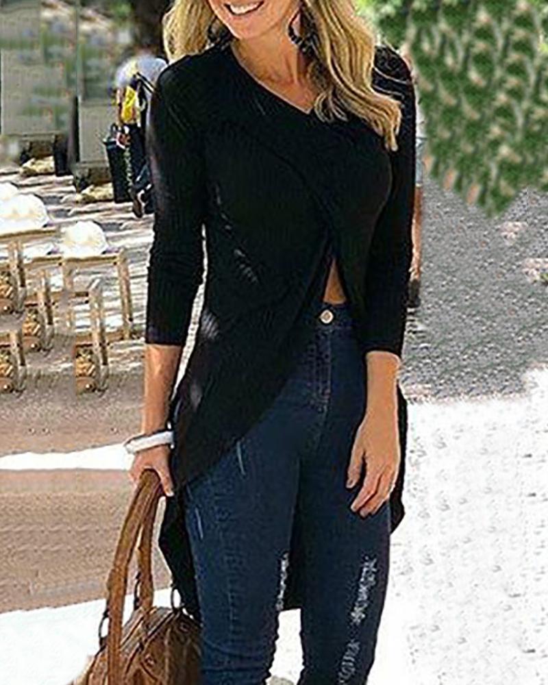 

Solid Long Sleeve Irregular Slit Blouse, Black