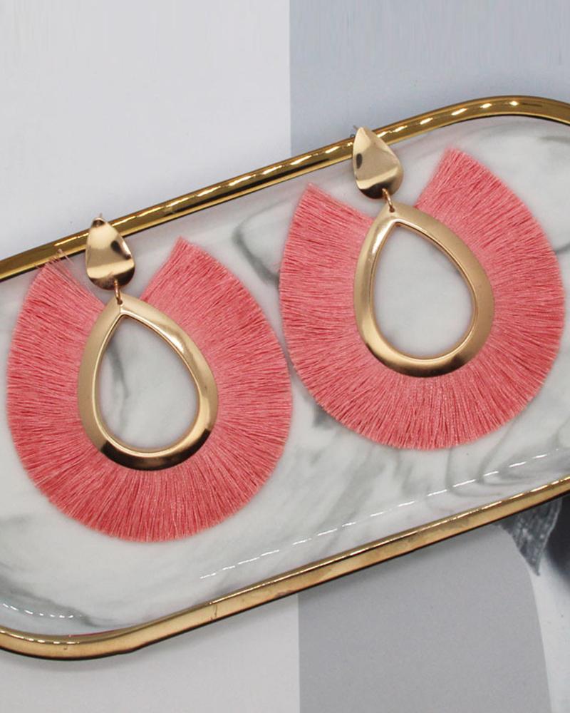 

1Pair Bohemian Tassel Design Hollow Waterdrop Hoop Earrings, Pink