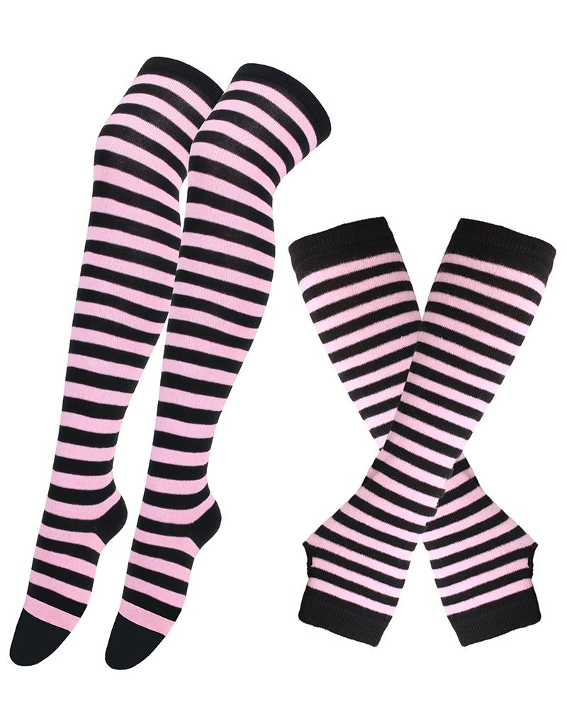 

Halloween Striped Cosplay Stockings With Gloves, Pink