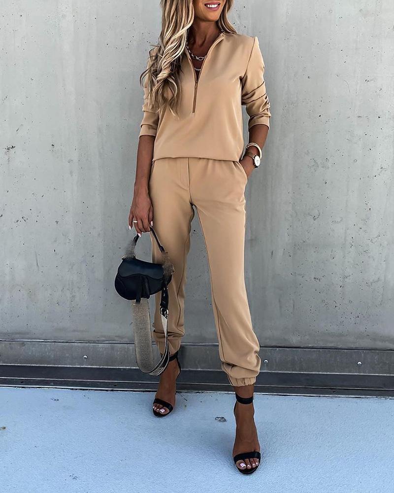 

Zipper Design Top & High Waist Pants Set, Khaki