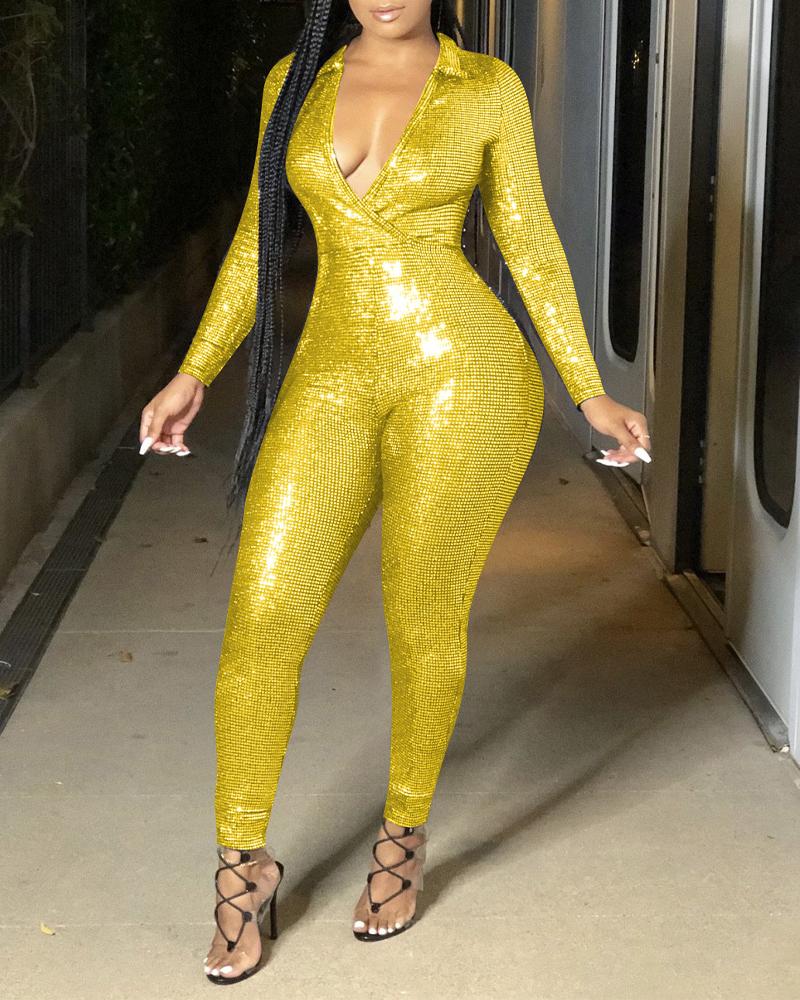 

Metallic Long Sleeve Skinny Jumpsuit, Yellow