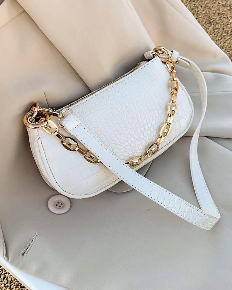 

Chain Decor Croc Embossed Baguette Bag, White