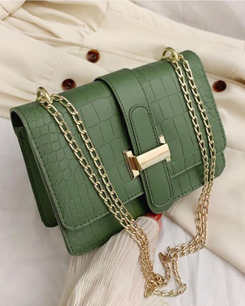 

Embossed Chain Strap Flap Shoulder Bag, Green