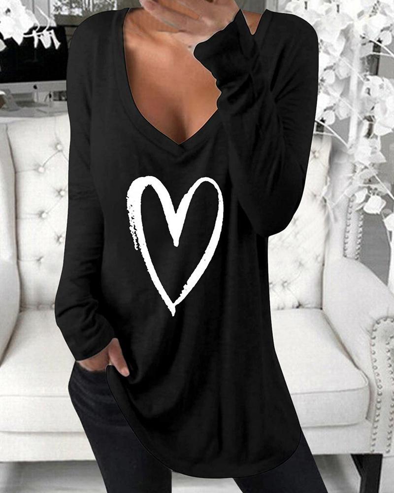 

Heart Print Long Sleeve Blouse, Black
