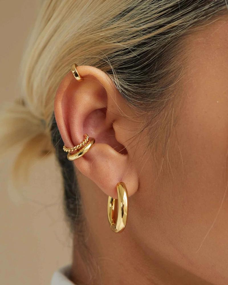 

3 Pair Geometric Pattern Hoop Earrings & Ear Climber Set, Gold