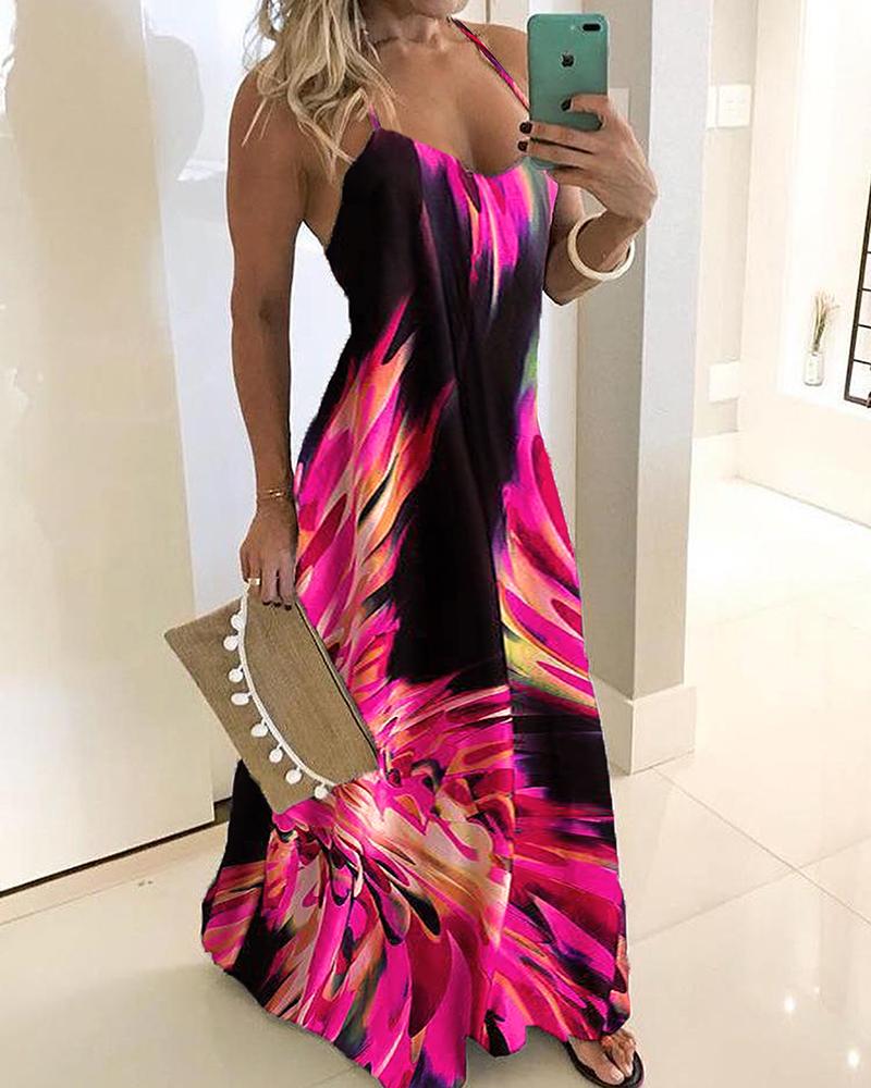 

Spaghetti Strap Colorful Print Maxi Dress, Hot pink