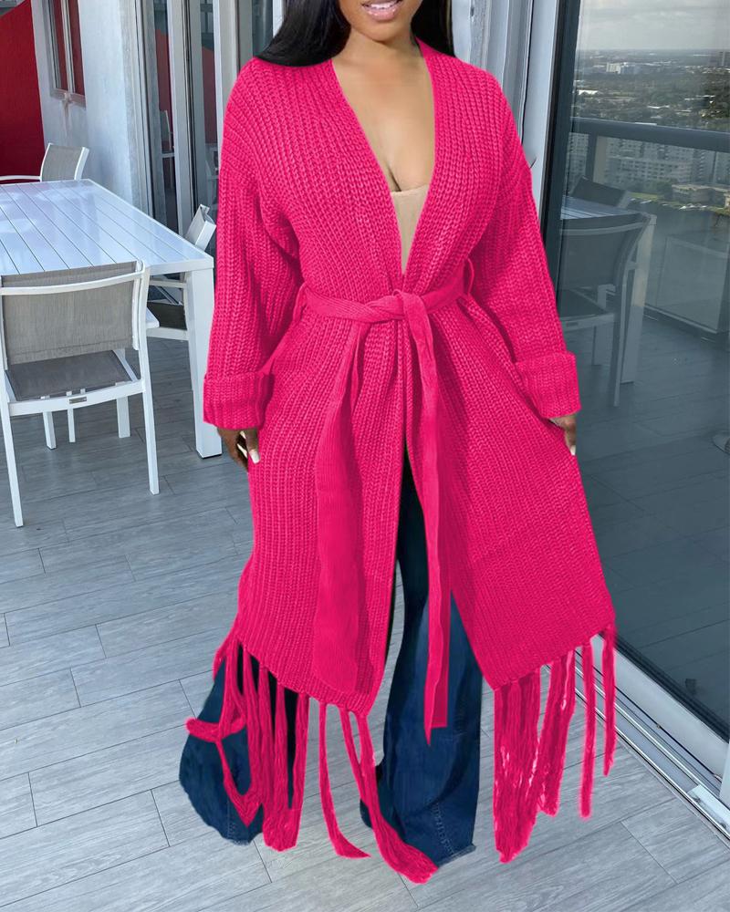 

Tassel Trim Open Front Chunky Knit Longline Cardigan, Hot pink