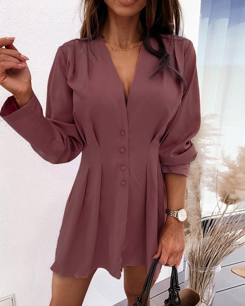 

Button Design Ruched Long Sleeve Women Dress, Pink