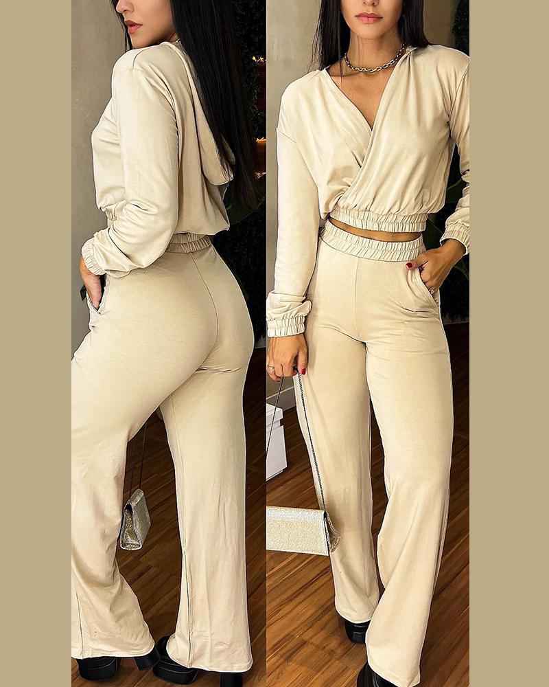 

Overlap Hooded Crop Top & High Waist Pants Set, Beige