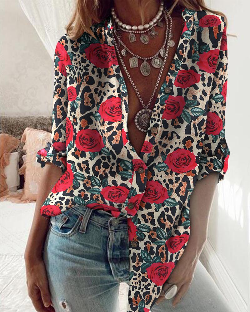 

Rose Leopard Print Button Front Long Sleeve Shirt, Red