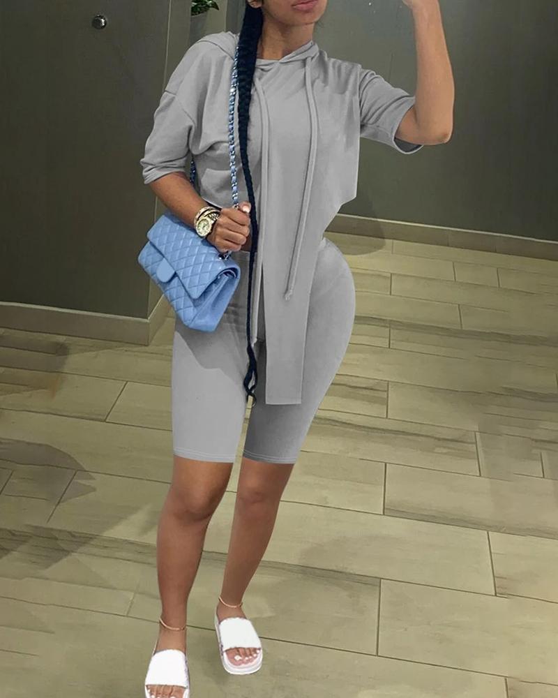 

Slit Asymmetrical Hooded Top & Skinny Shorts Sets, Gray
