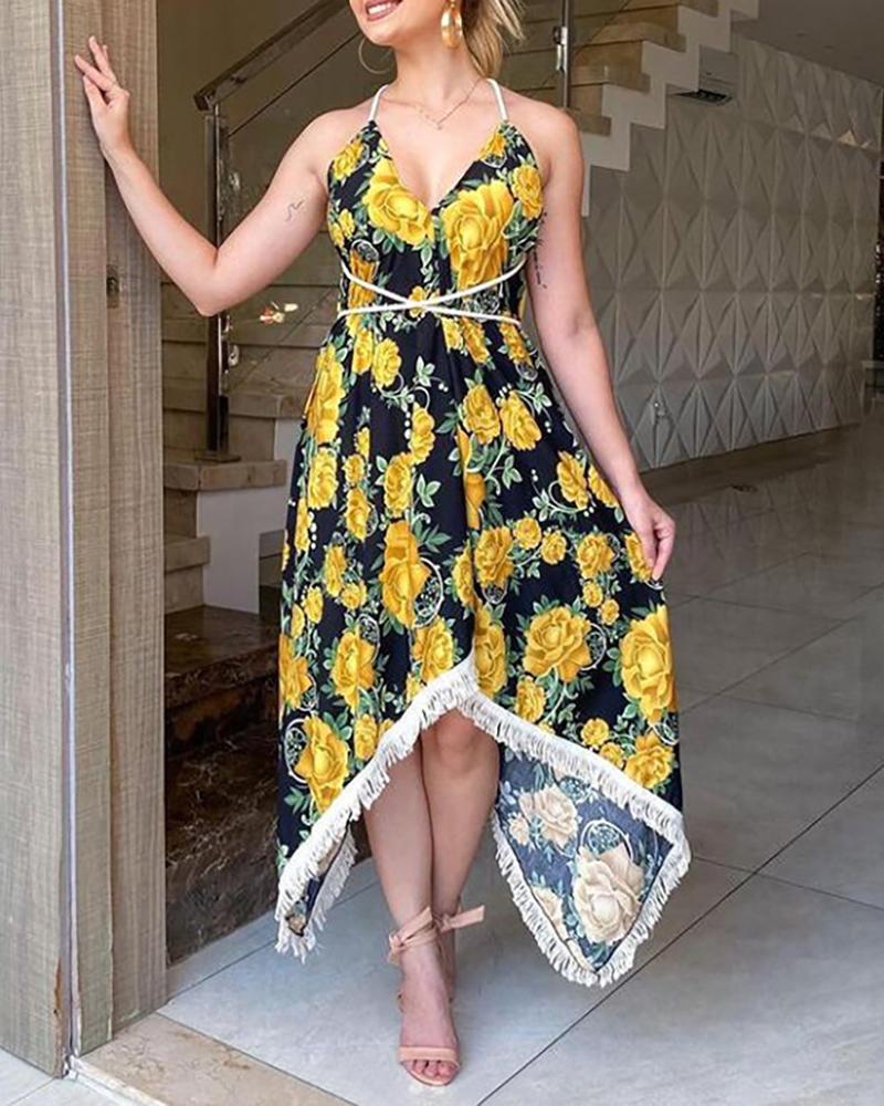 

Floral Print Tassel Design Backless Dip Hem Dress, Black
