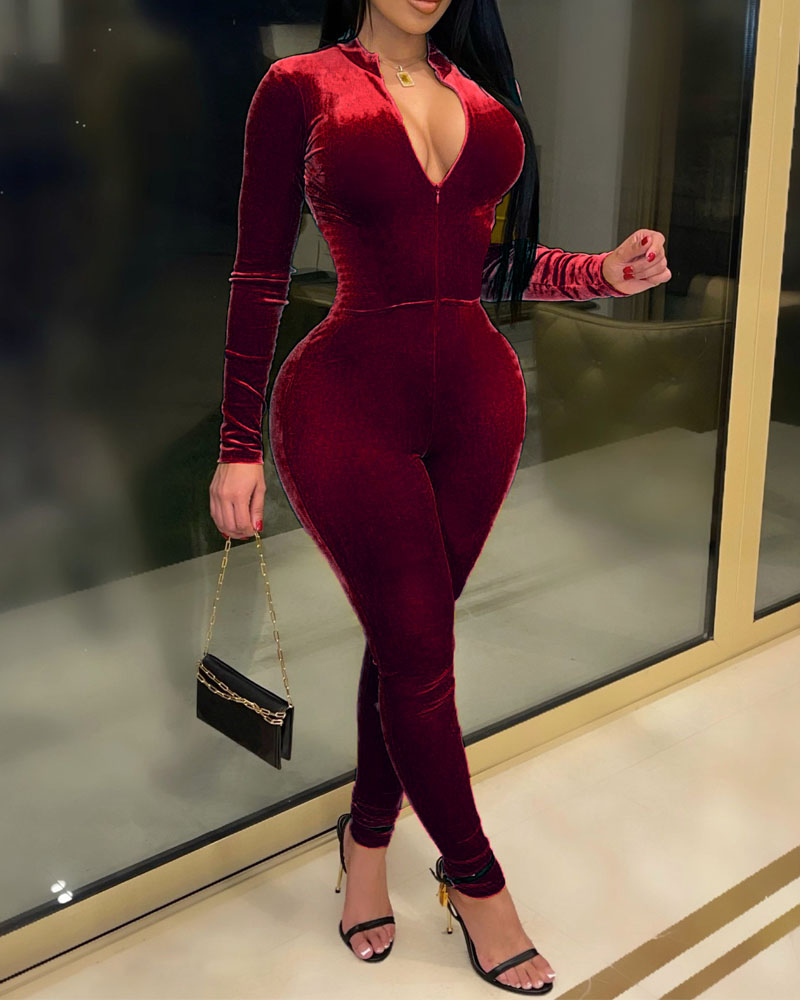 

Long Sleeve Zip Front Velvet Skinny Jumpsuit, Wine red