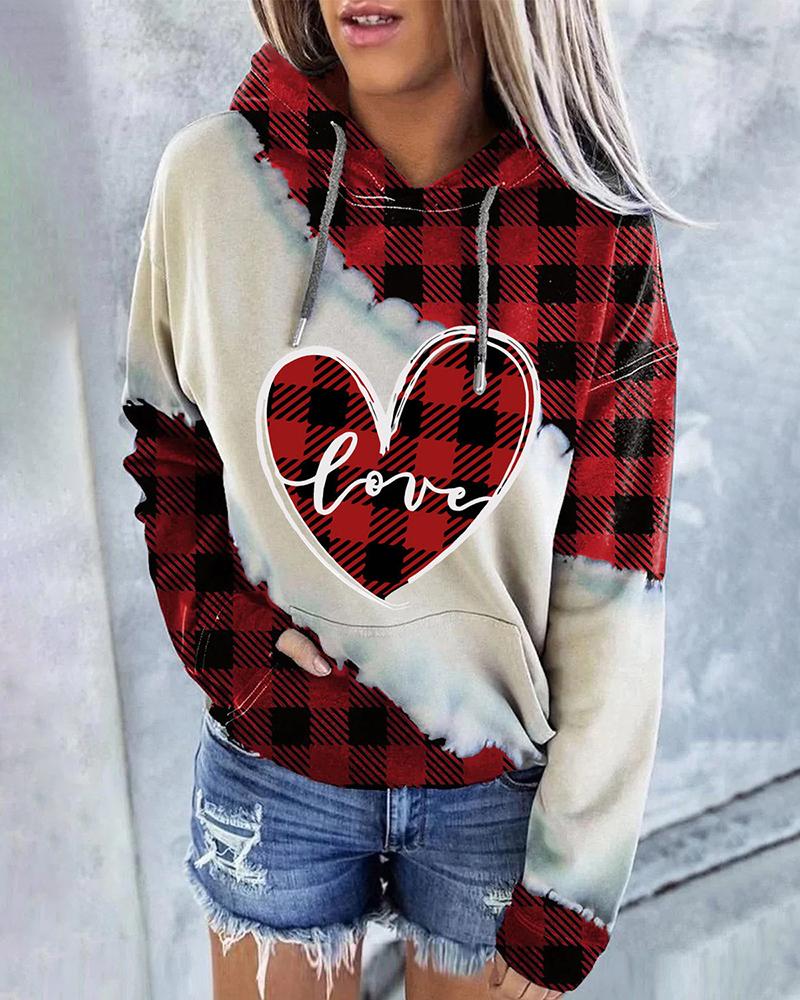 

Valentine' Day Letter Plaid Heart Print Hooded Sweatshirt, Red