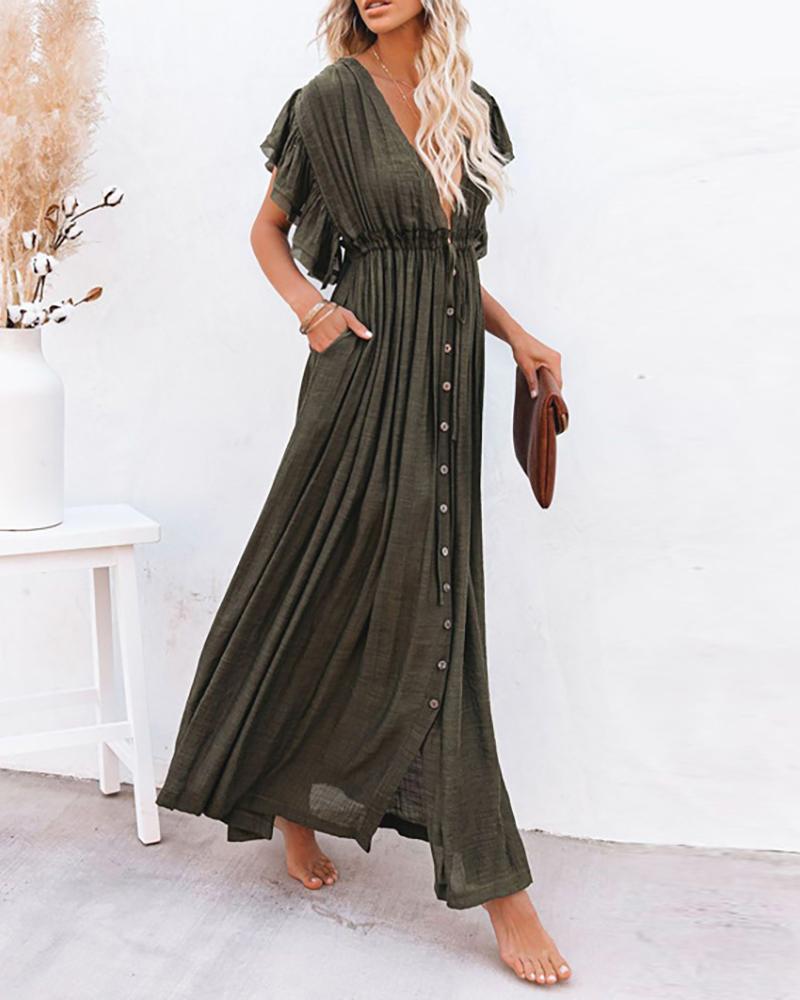 

Ruffles Plunge Button Design Drawstring Casual Dress, Dark green