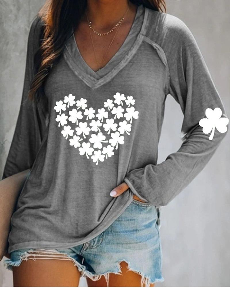 

St. Patrick' Day Clover Heart Print Long Sleeve Top, Gray