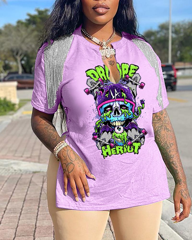 

Side Slit Tassel Cartoon Letter Print T-shirt, Light pink