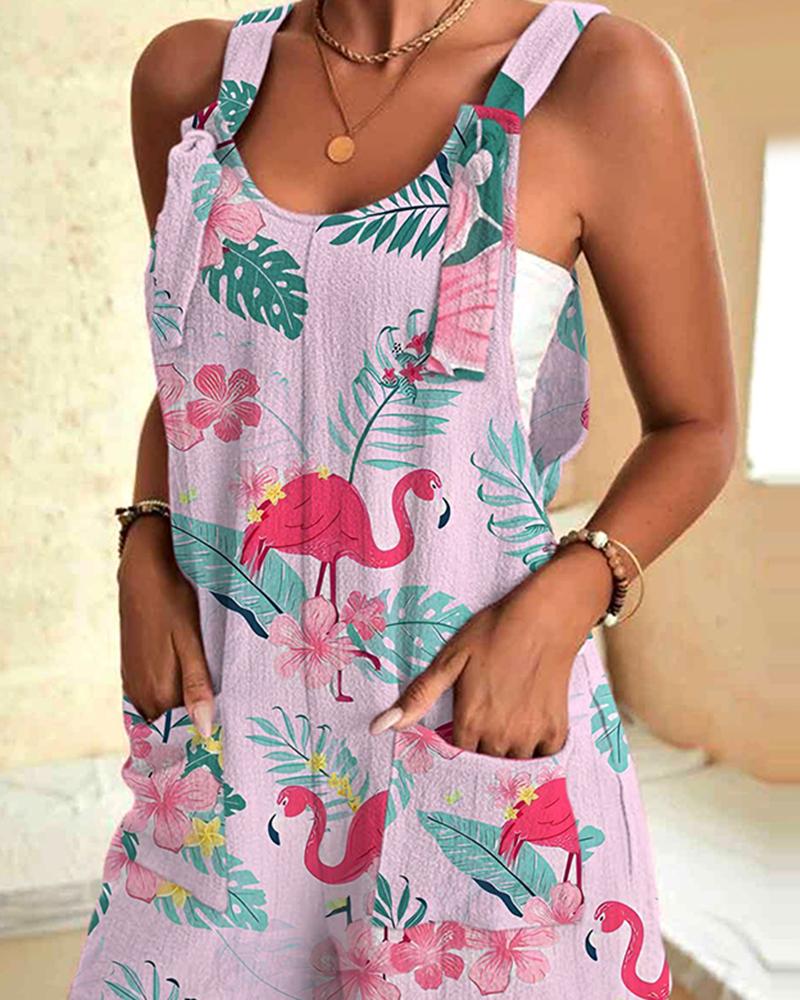 

Flamingo Tropical Floral Print Pocket Design Suspender Romper, Pink