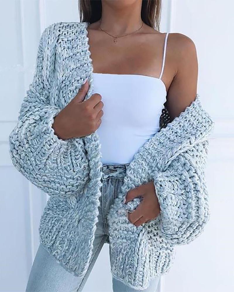 

Braided Knit Lantern Sleeve Casual Cardigan, Sky blue