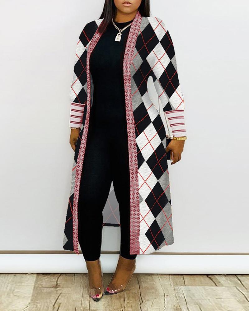

Argyle Print Long Sleeve Ribbed Cardigan, Black