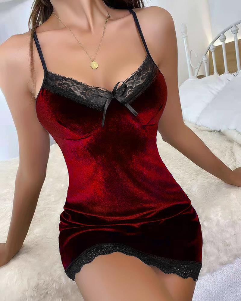 

Velvet Lace Trim Bowknot Decor Night Dress, Wine red